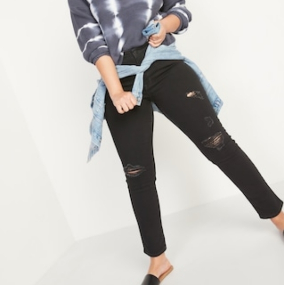 New High Rise Power Slim Jeans Size 12 Old Navy Black Ripped Skinny Jeans - Picture 6 of 16